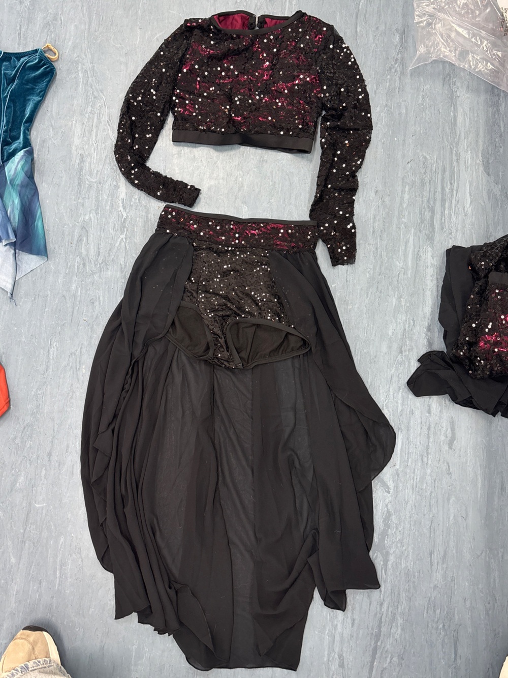 Weissman Black Sequin High-Low Skirt with Matching Crop Top